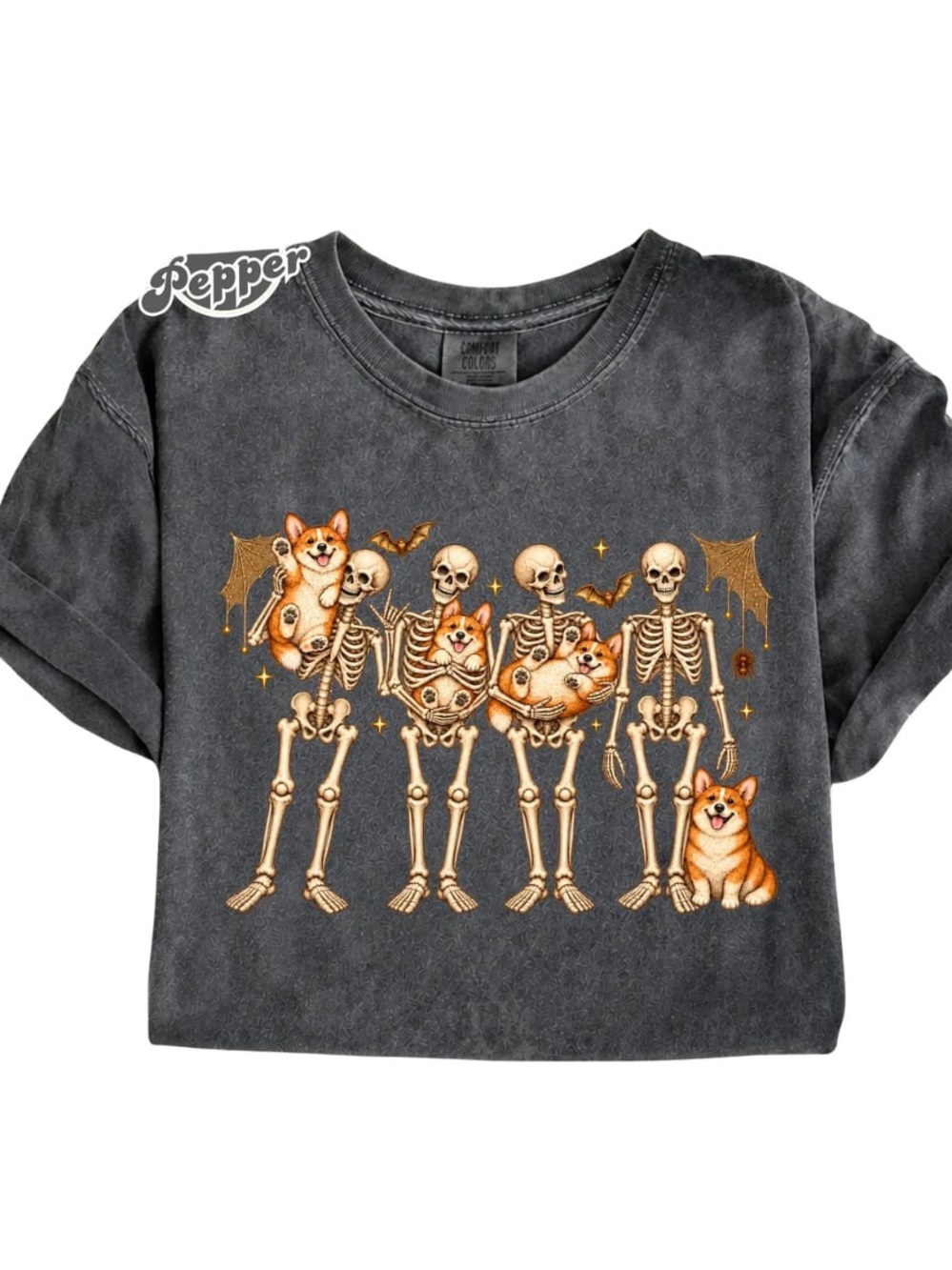 Comfort Colors Pepper Short-Sleeve Tee with Orange Corgi & Gold Skeleton Graphic